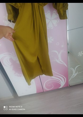 Parlak Haki Kuşaklı Uzun Kadın Elbise - Görsel 4