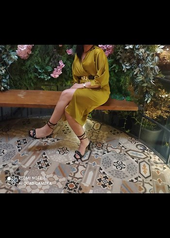 Parlak Haki Kuşaklı Uzun Kadın Elbise - Görsel 2