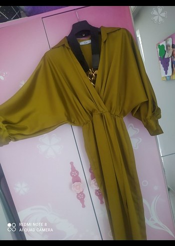 Parlak Haki Kuşaklı Uzun Kadın Elbise - Görsel 3