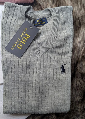 Gri Polo Pamuk V Yaka Triko Kazak - Görsel 2