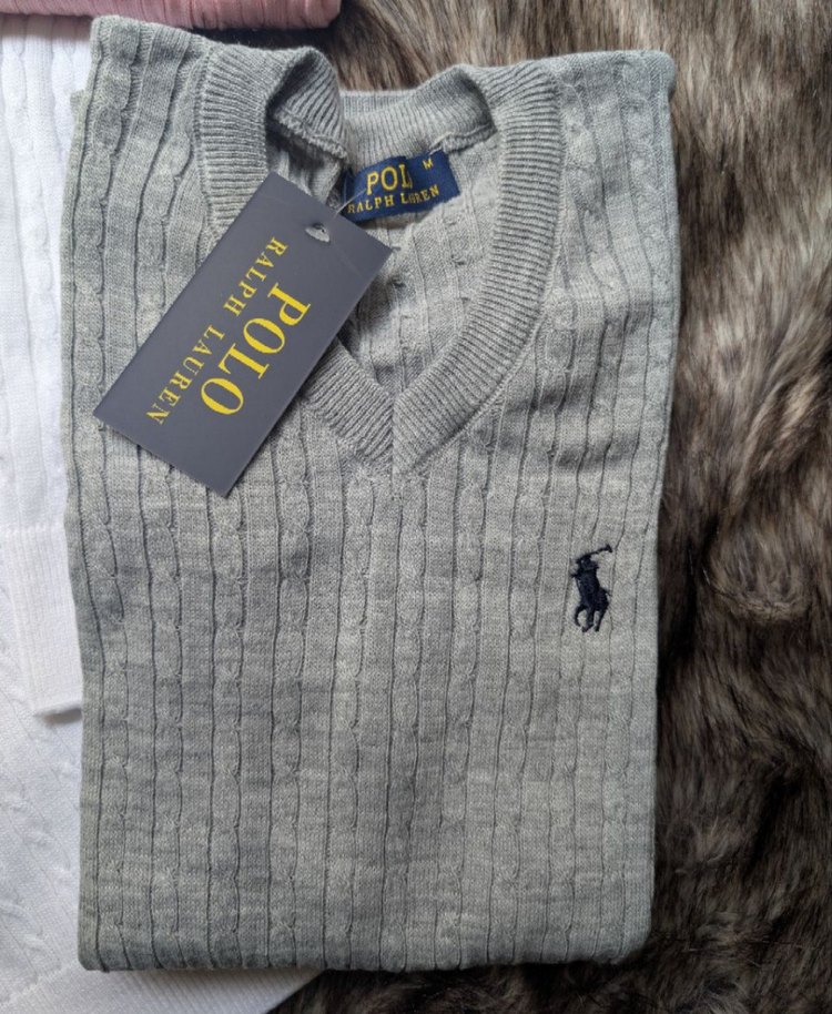 Gri Polo Pamuk V Yaka Triko Kazak - Görsel 2