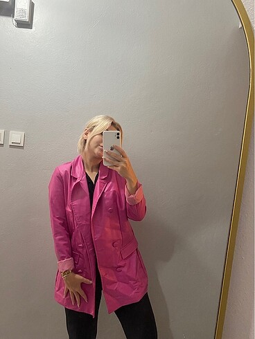 Pembe deri blazer ceket