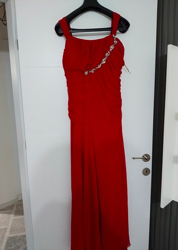 Kırmızı V Yaka Uzun Kadın Elbise - Görsel 3