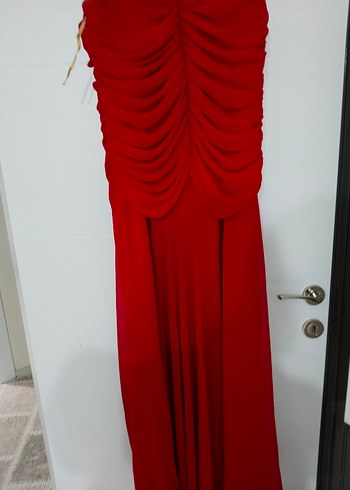 Kırmızı V Yaka Uzun Kadın Elbise - Görsel 2