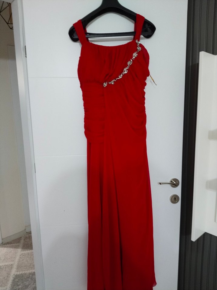 Kırmızı V Yaka Uzun Kadın Elbise - Görsel 3