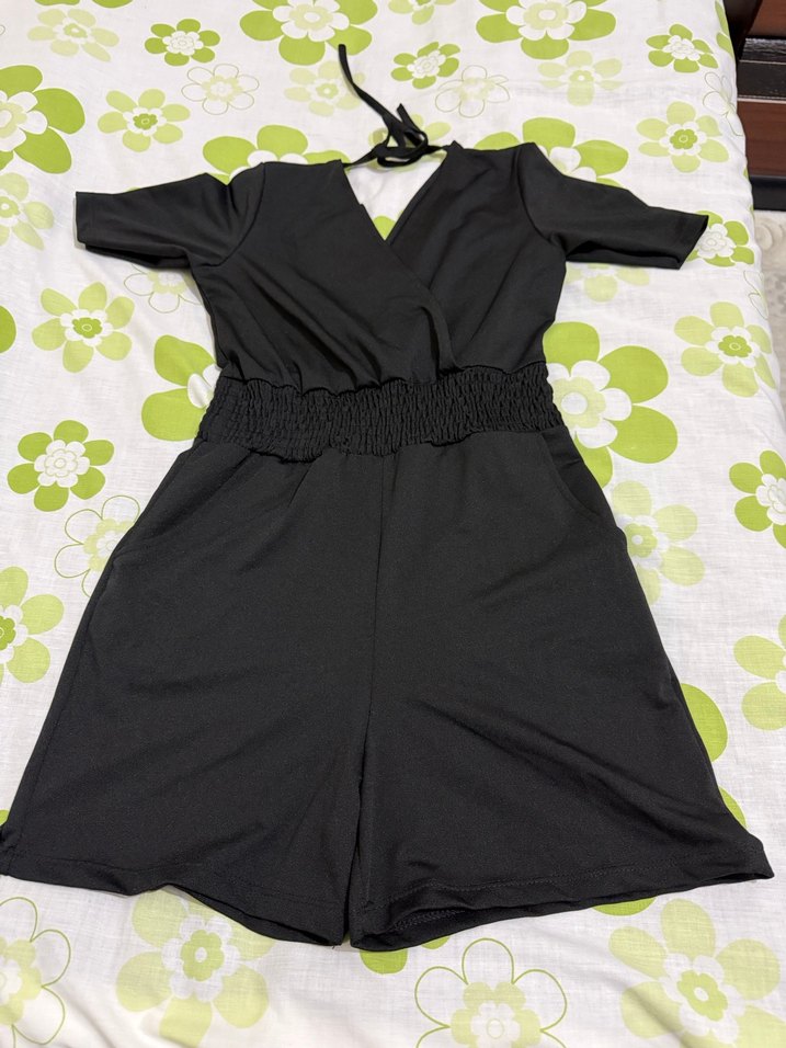 V Yaka Siyah Kadın Midi Tulum - Görsel 5