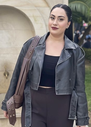 Kemerli Gri Deri Kadın Ceket - Görsel 2