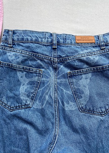 36 Beden mavi Renk Kelebek Baskılı Mavi Bol Kesim Kot Pantolon
