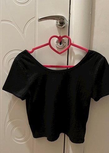 Kadın Siyah Crop Top, Kayık Yaka, Kısa Kollu - Görsel 2