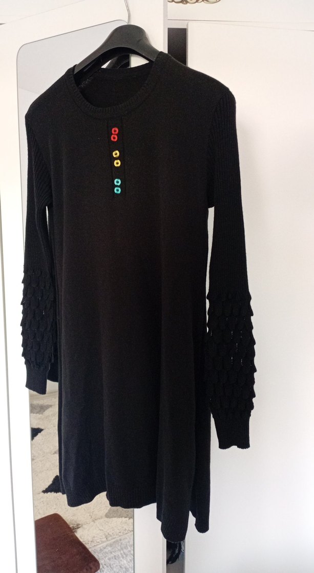 Renkli Düğmeli Uzun Kollu Triko Elbise - Görsel 2