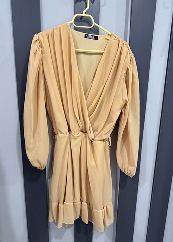 Bej Mini Kadın Elbise Uzun Kollu - Görsel 2