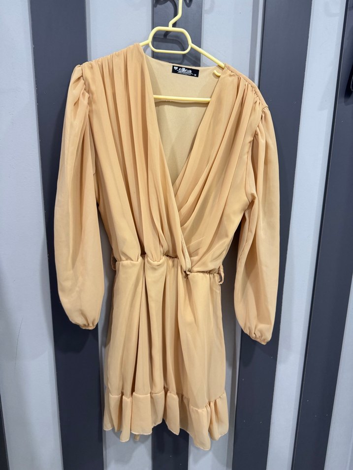 Bej Mini Kadın Elbise Uzun Kollu - Görsel 2