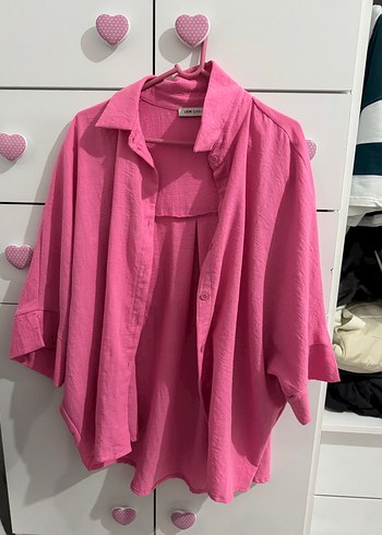 Pembe Keten Düğmeli Rahat Kesim Gömlek