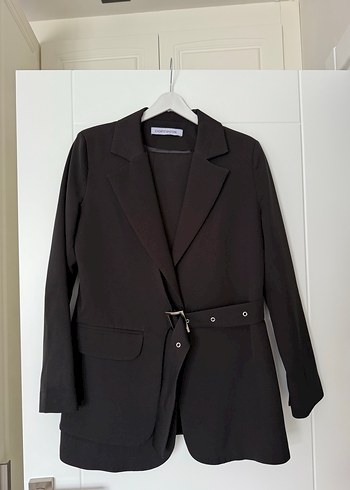 Diğer Deri Kemerli Siyah Kadın Blazer Ceket TAkım