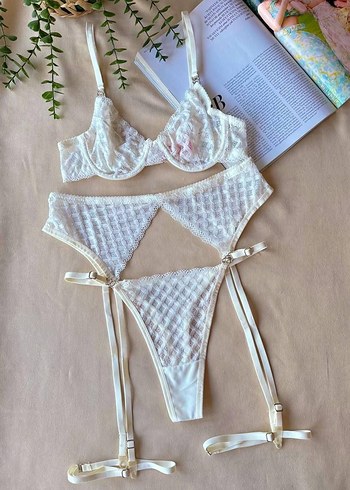 İşlemeli Beyaz Bohem Jartiyer Takımı - Görsel 2