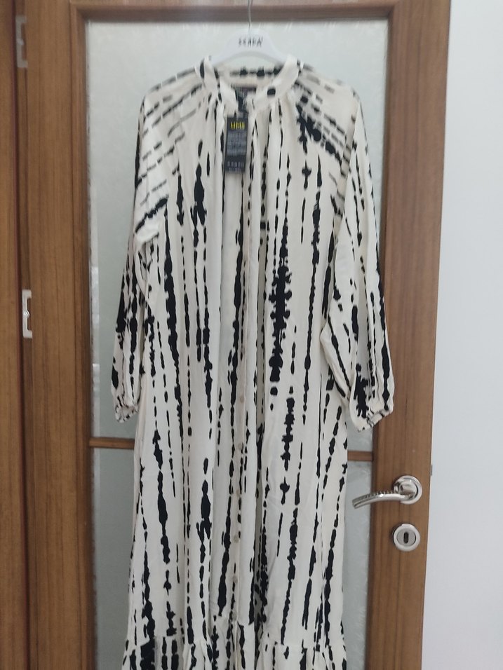 Kadın Beyaz Gri Uzun Kol Bohem Elbise - Görsel 2