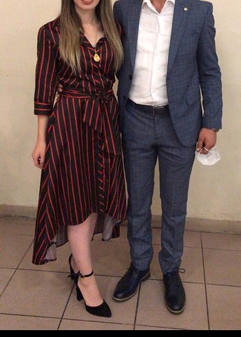 Bordo Çizgili Kemerli Midi Elbise