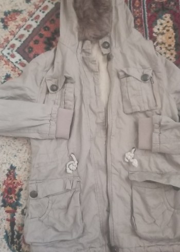 Gri Kapüşonlu Kadın Ceket, Kürklü, Rahat Kesim - Görsel 2