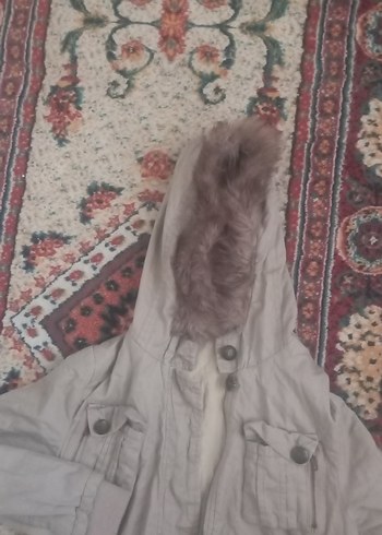 Gri Kapüşonlu Kadın Ceket, Kürklü, Rahat Kesim - Görsel 3