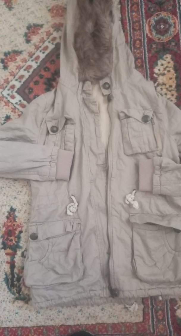 Gri Kapüşonlu Kadın Ceket, Kürklü, Rahat Kesim - Görsel 2