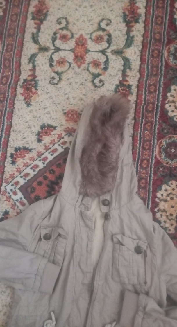 Gri Kapüşonlu Kadın Ceket, Kürklü, Rahat Kesim - Görsel 3