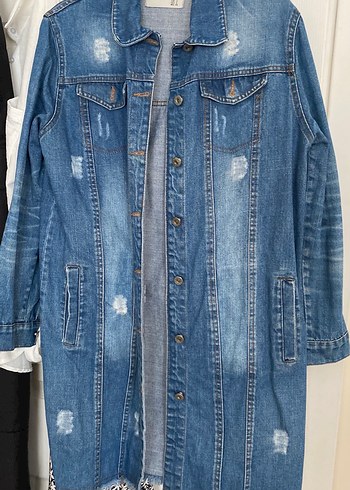 Düğmeli Uzun Mavi Kadın Denim Ceket