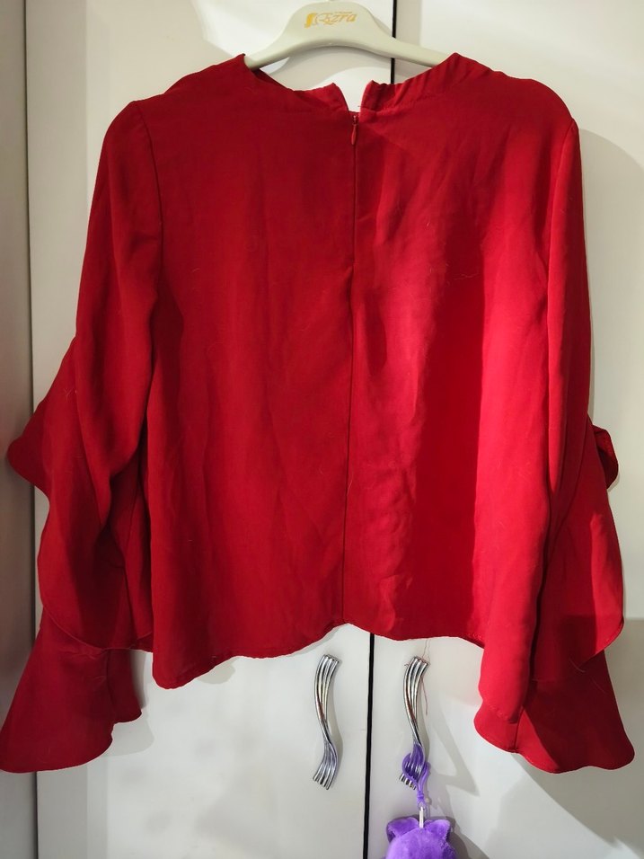 Kırmızı Uzun Kollu Salaş şifon - Görsel 3