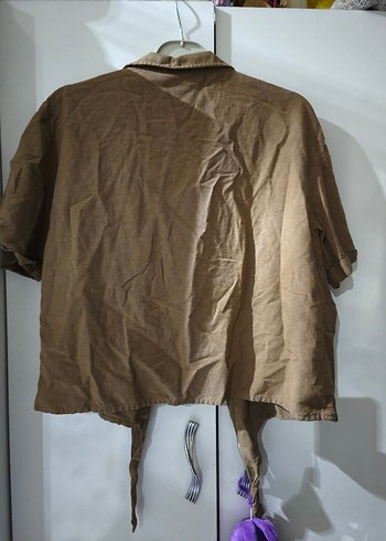 Bej Keten Düğmeli Kısa Kollu Gömlek - Görsel 4