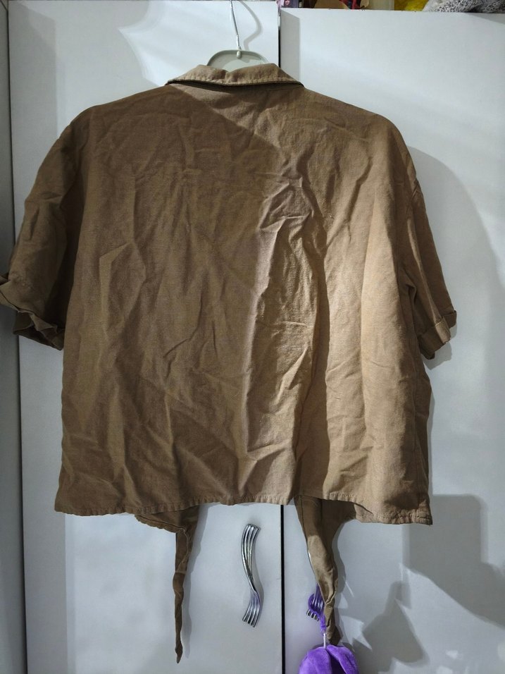 Bej Keten Düğmeli Kısa Kollu Gömlek - Görsel 4