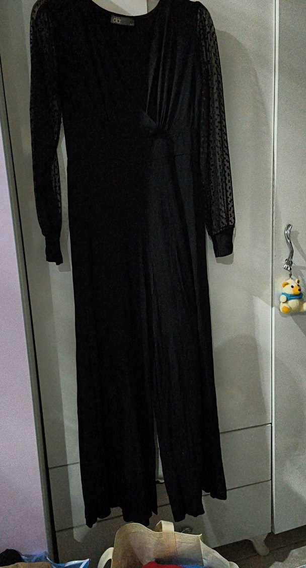 Siyah Uzun Kollu V Yaka Kadın Tulum - Görsel 5