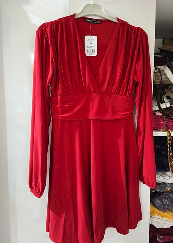 Kırmızı Drapeli V Yaka Uzun Kollu Mini Elbise - Görsel 2