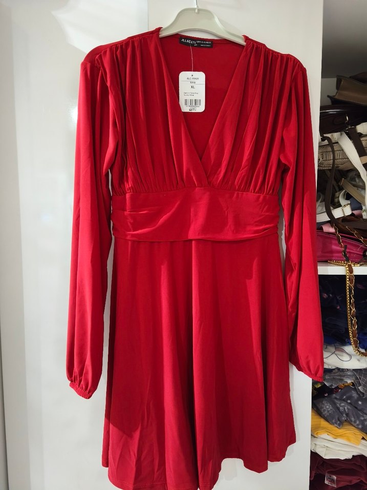 Kırmızı Drapeli V Yaka Uzun Kollu Mini Elbise - Görsel 2