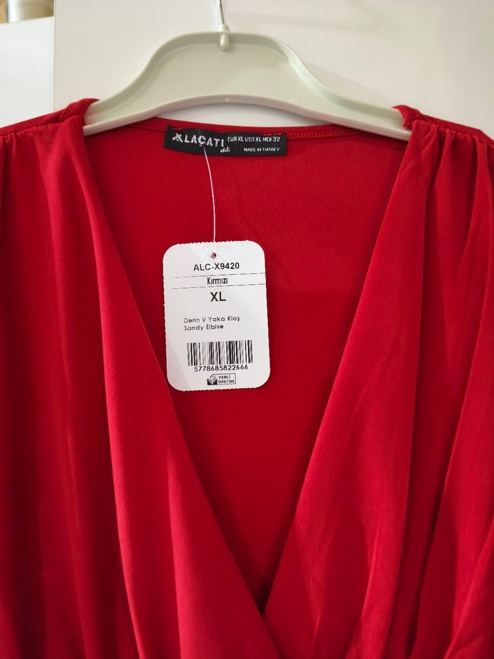 Kırmızı Drapeli V Yaka Uzun Kollu Mini Elbise - Görsel 3