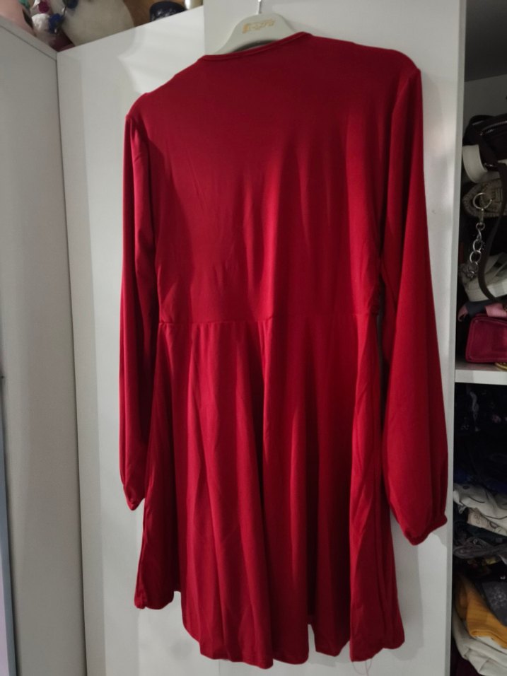 Kırmızı Drapeli V Yaka Uzun Kollu Mini Elbise - Görsel 4