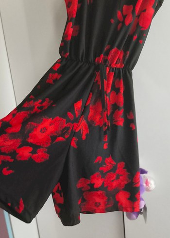 s Beden Kırmızı Siyah Bağlama Desenli Strappy tulum