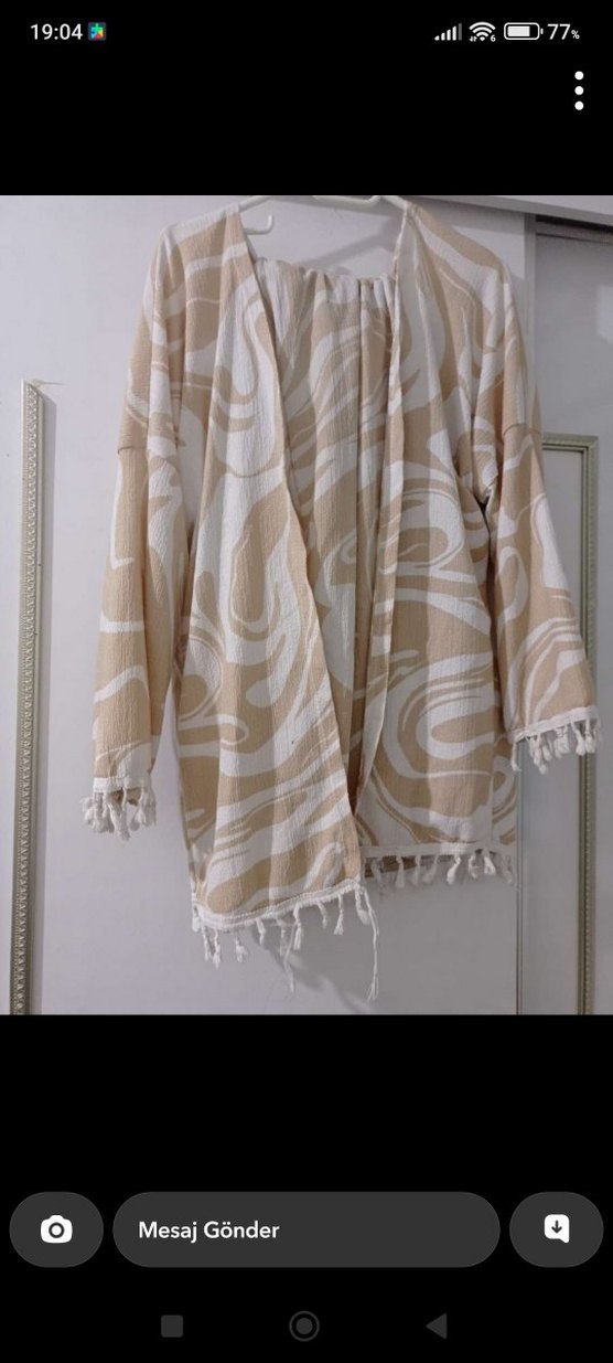 Bej Desenli Uzun Kollu Bohem Kimono - Görsel 2