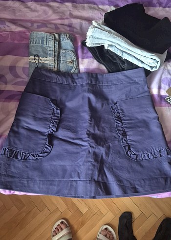 Mor Denim mumlu Mini Etek Fırfırlı cepli