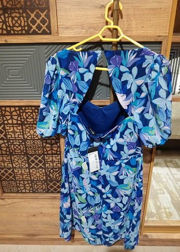 Mavi V Yakalı Drapeli Midi Elbise - Görsel 2