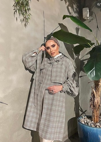 Düğmeli Beyaz Kareli Uzun Kadın kışlık ceket - Görsel 2