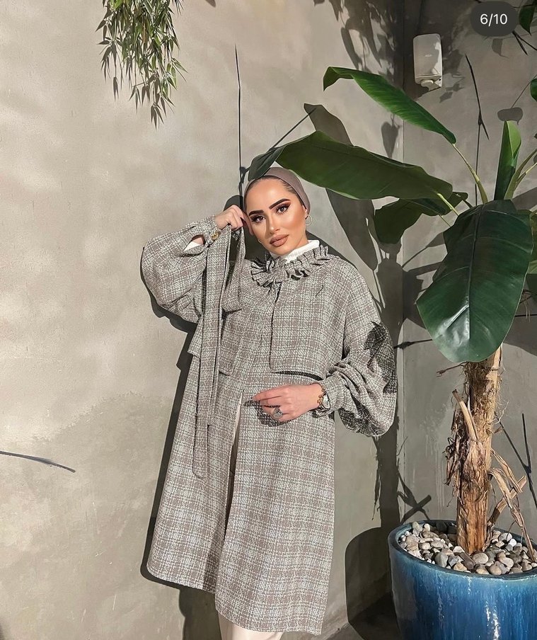 Düğmeli Beyaz Kareli Uzun Kadın kışlık ceket - Görsel 2