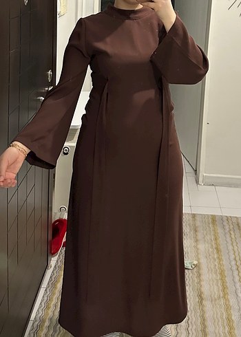 Uzun Kollu Koyu Kahverengi  Elbise - Görsel 4