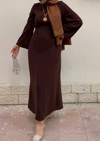 Uzun Kollu Koyu Kahverengi  Elbise - Görsel 2