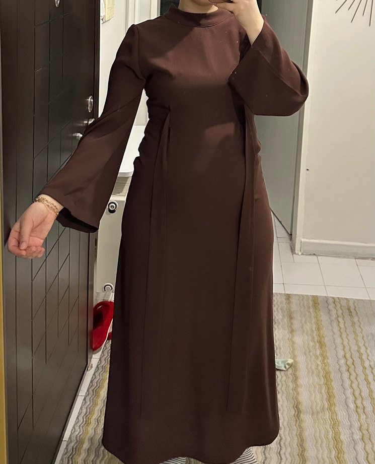 Uzun Kollu Koyu Kahverengi  Elbise - Görsel 4