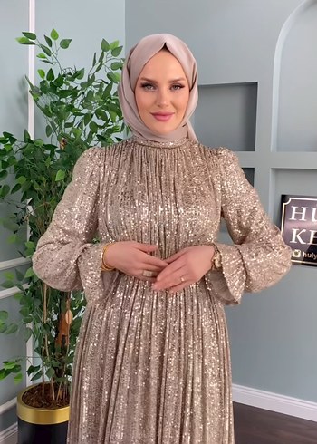 Bej Parlak Uzun Kollu Bohem Abiye Elbise - Görsel 2