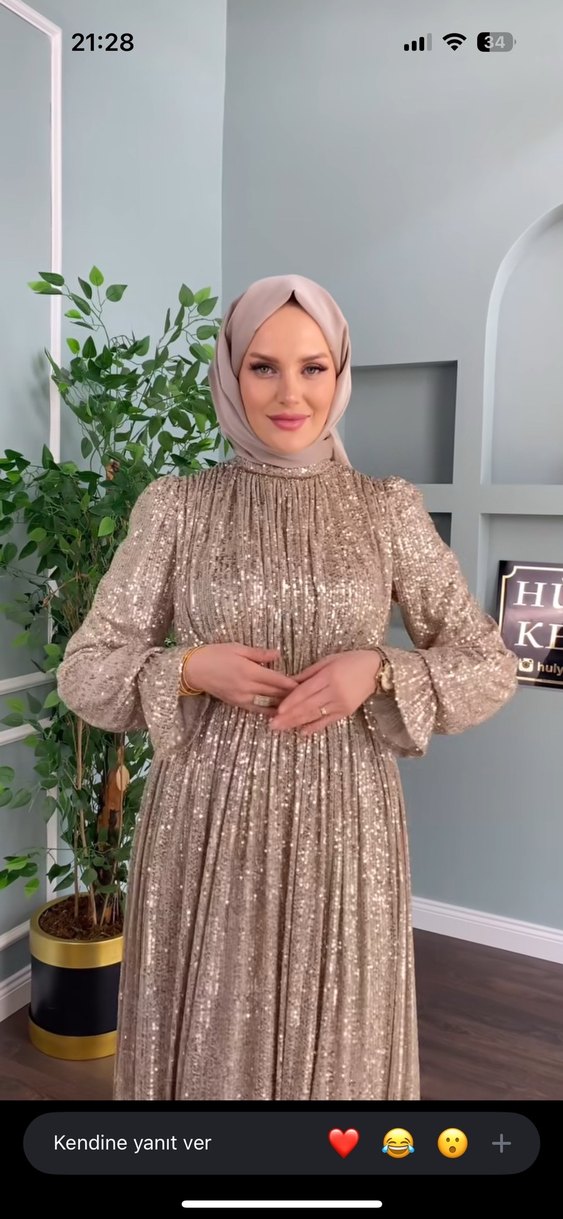 Bej Parlak Uzun Kollu Bohem Abiye Elbise - Görsel 2