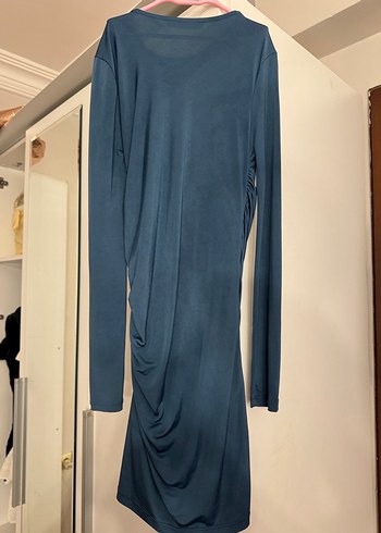 Drapeli Uzun Kollu Mavi Kadın Elbise - Görsel 2