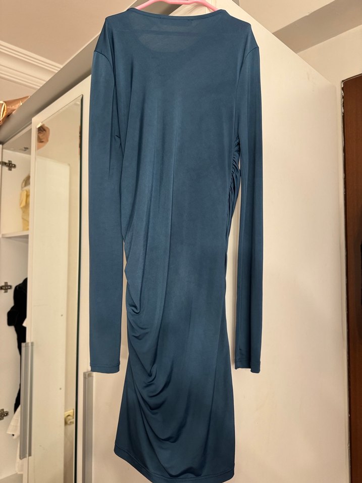 Drapeli Uzun Kollu Mavi Kadın Elbise - Görsel 2