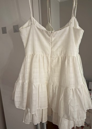 Düğmeli Beyaz Mini Keten Elbise - Görsel 3