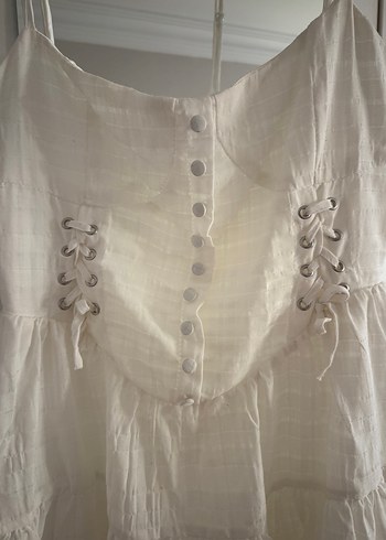 Düğmeli Beyaz Mini Keten Elbise - Görsel 2