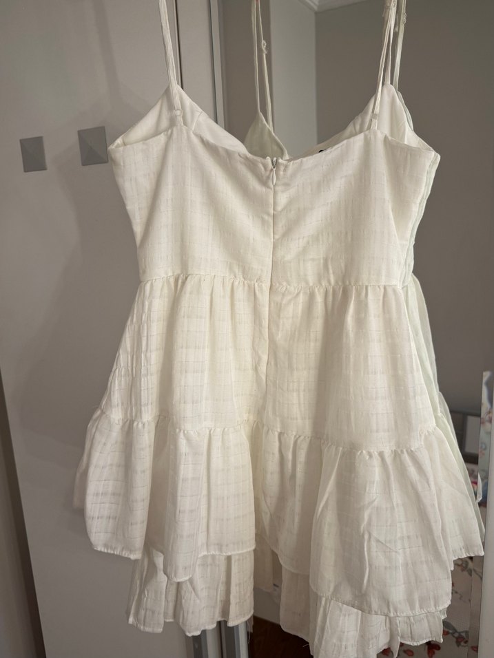 Düğmeli Beyaz Mini Keten Elbise - Görsel 3